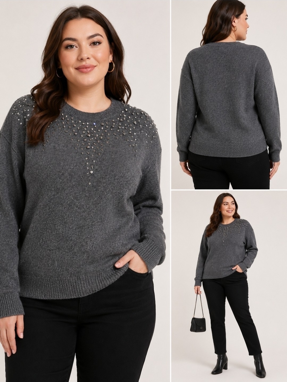 by & by Charcoal Gray Embellished Crewneck Sweater